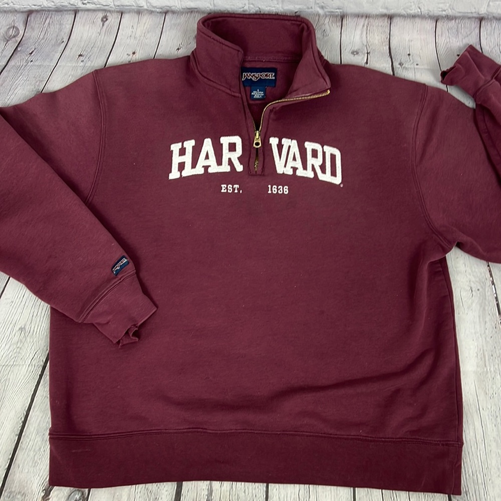 Harvard 1/4 zip sweatshirt made by Jansport. Size L